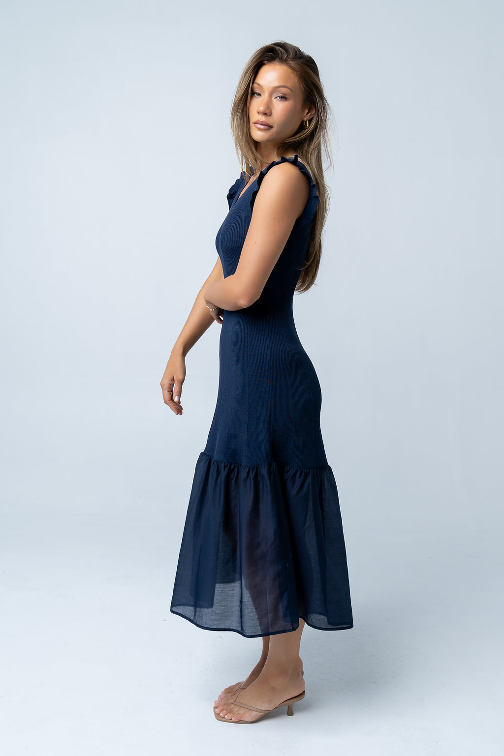 Lara Ribbed Midi Dress in Navy