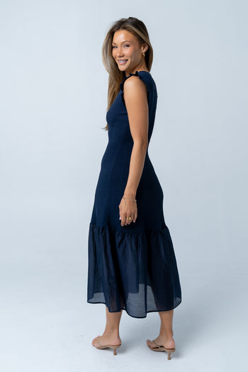 Lara Ribbed Midi Dress in Navy