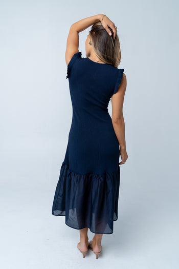 Lara Ribbed Midi Dress in Navy