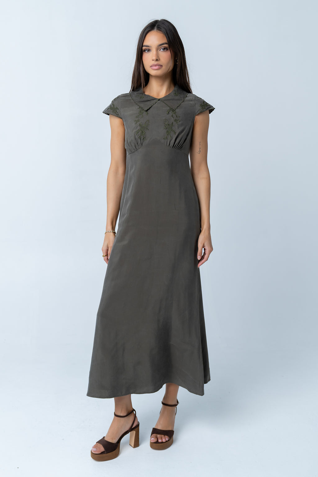 Tammy Embroidered Maxi Dress in Olive