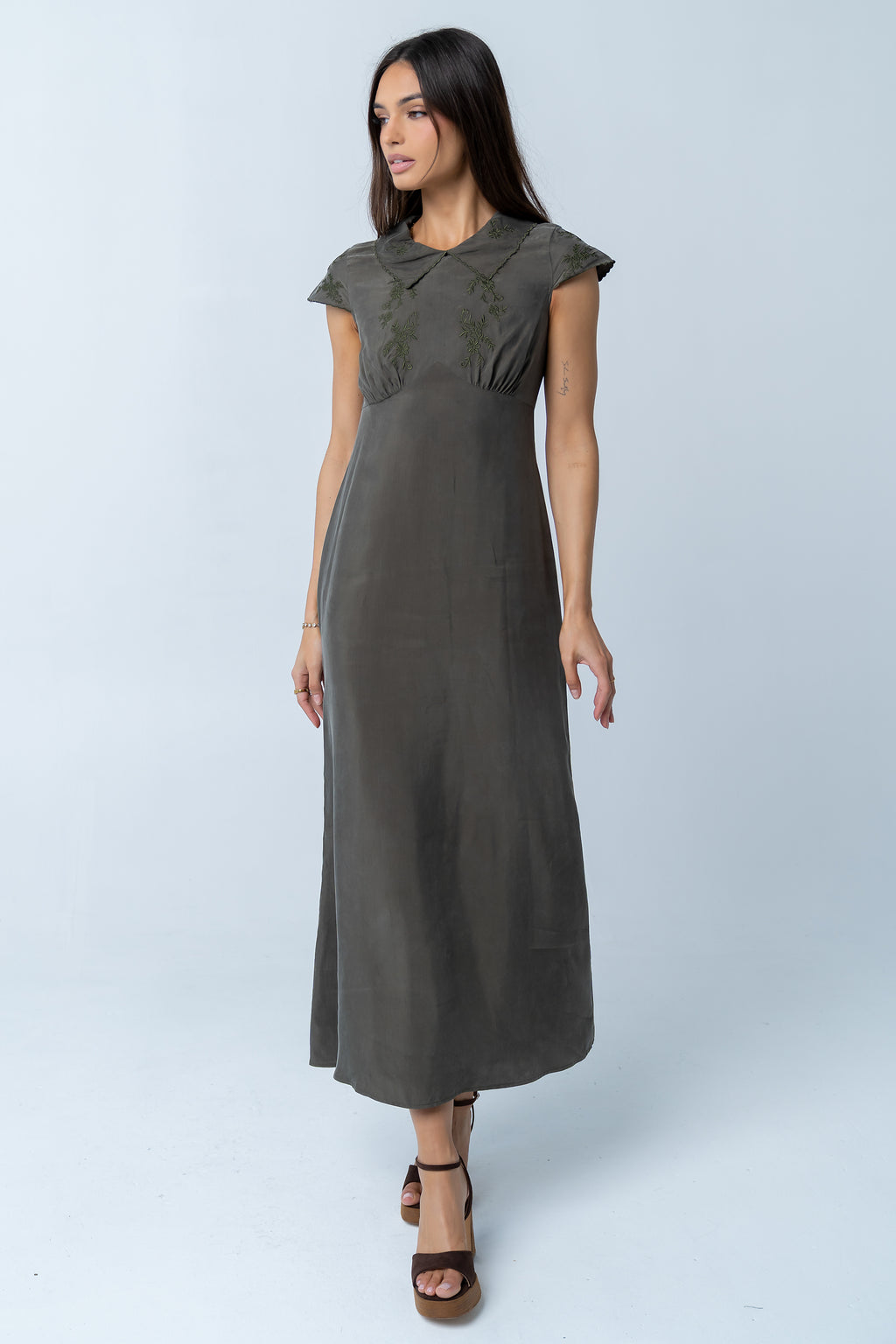 Tammy Embroidered Maxi Dress in Olive