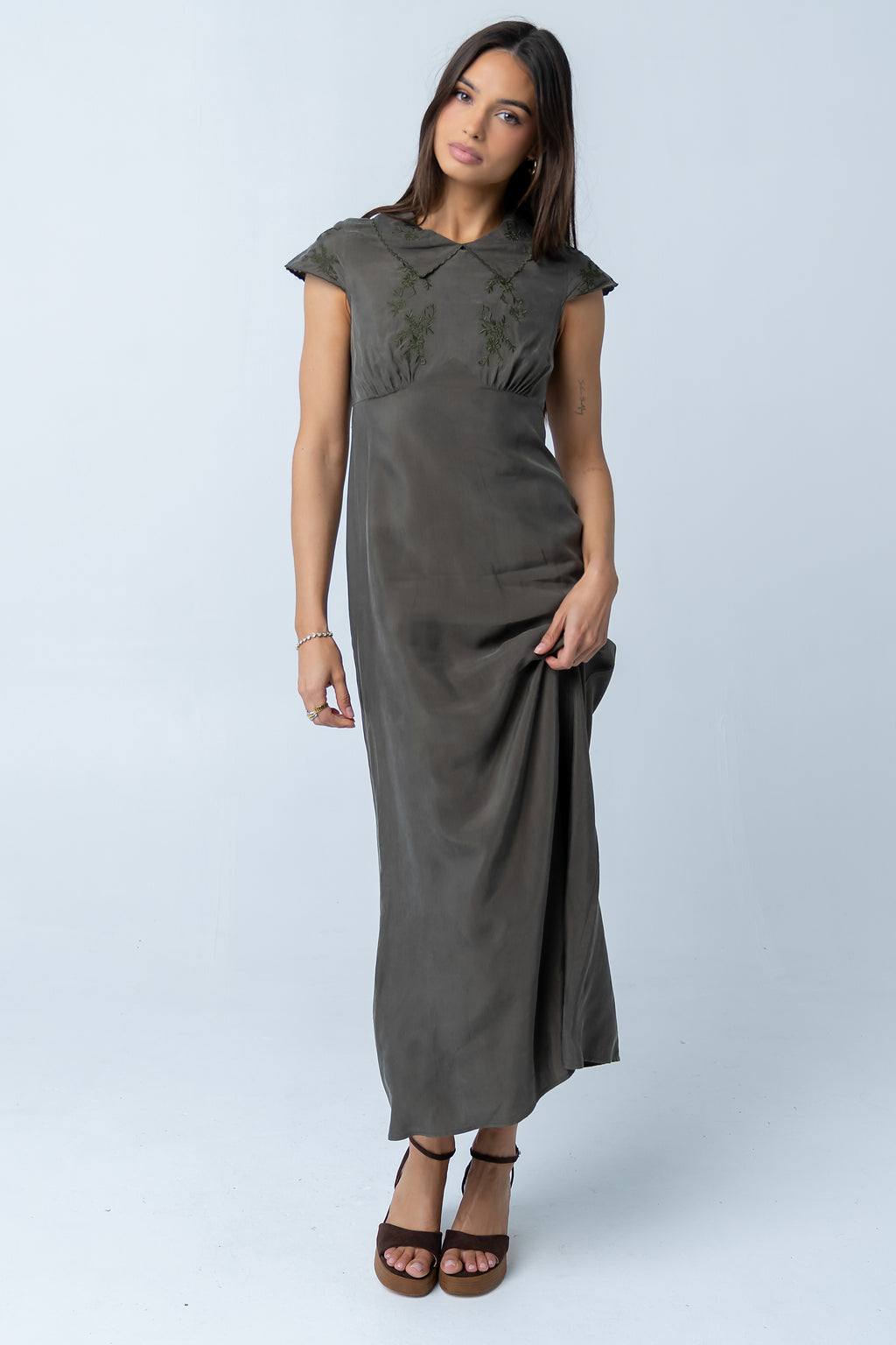 Tammy Embroidered Maxi Dress in Olive