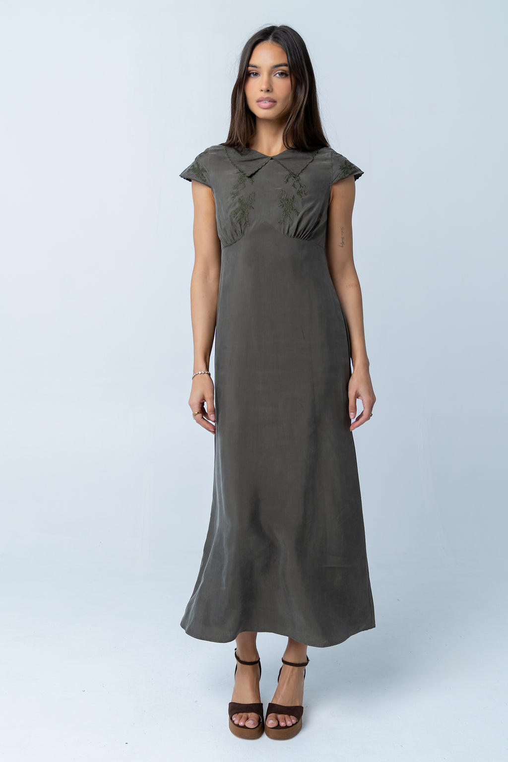 Tammy Embroidered Maxi Dress in Olive