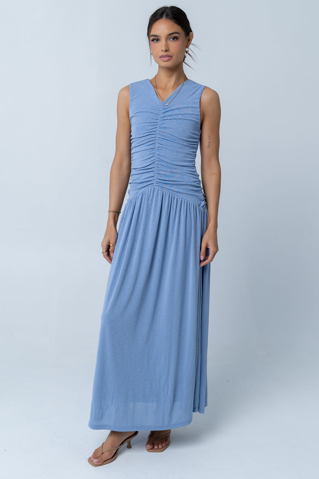 kinley blue ruched maxi casual dress Ruched Knit Henley Maxi Dress - Navy