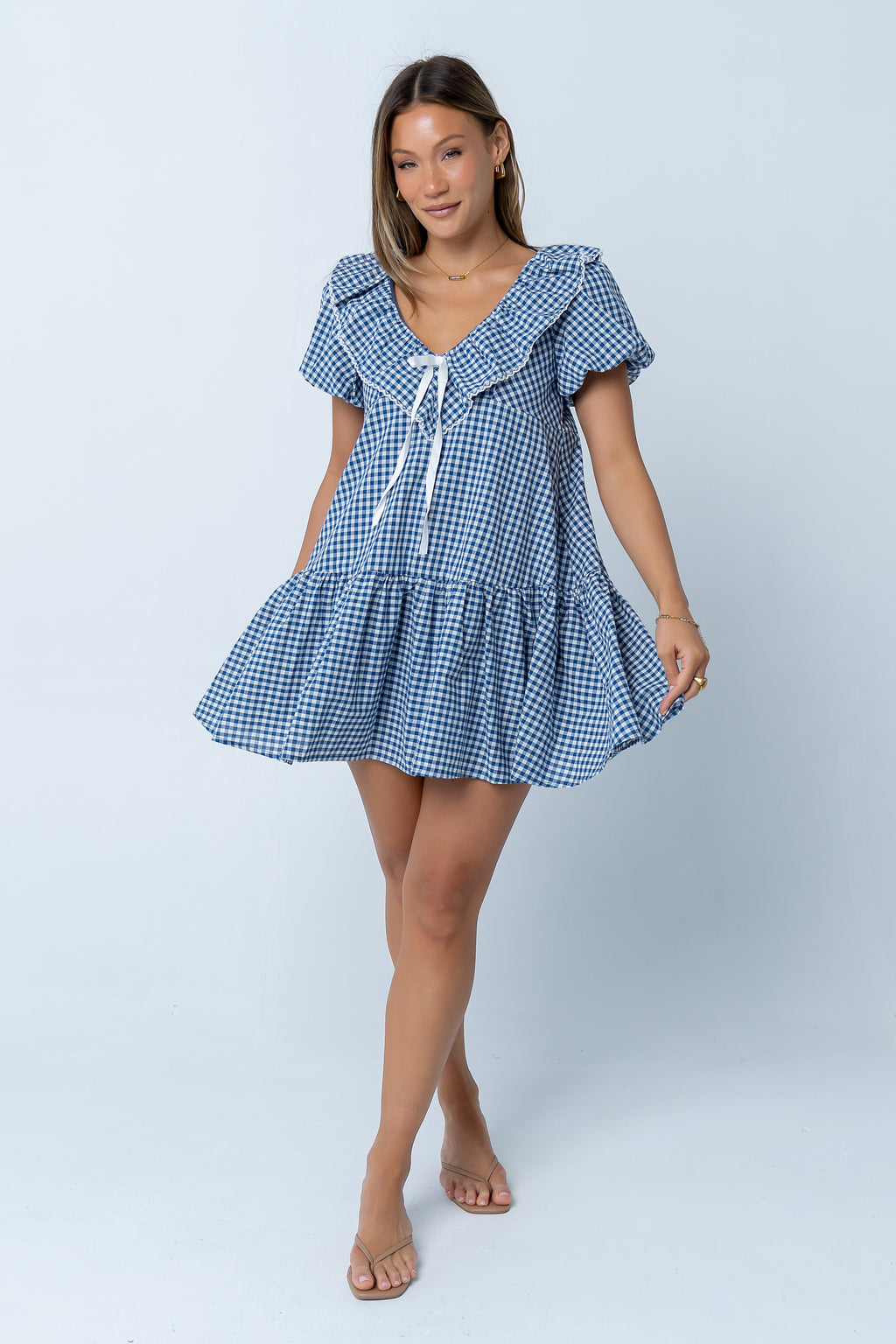 Tony Gingham Baby Doll Dress in Blue