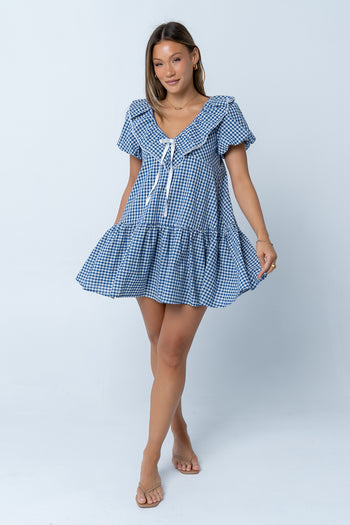 Tony Gingham Baby Doll Dress in Blue