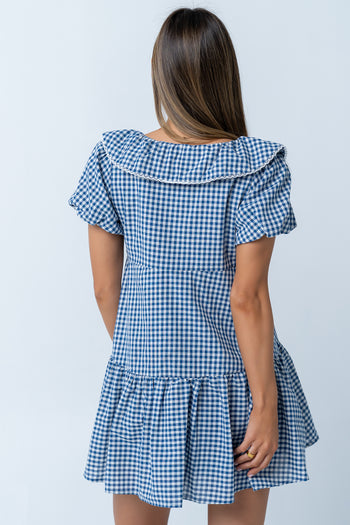 Tony Gingham Baby Doll Dress in Blue