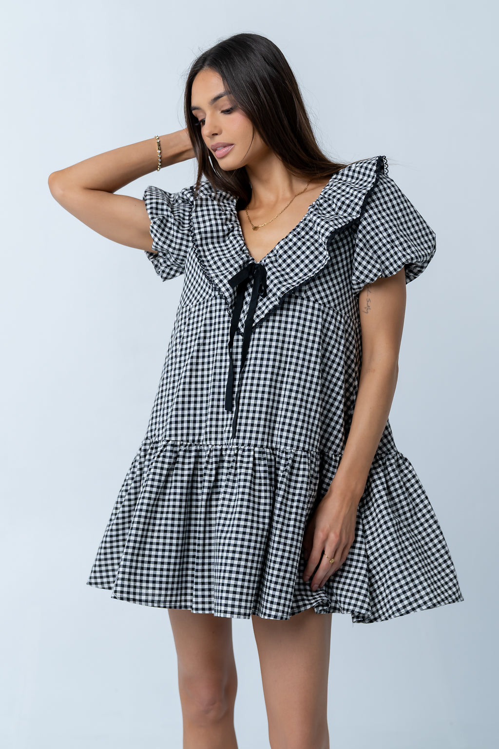 Tony Gingham Baby Doll Dress in Black