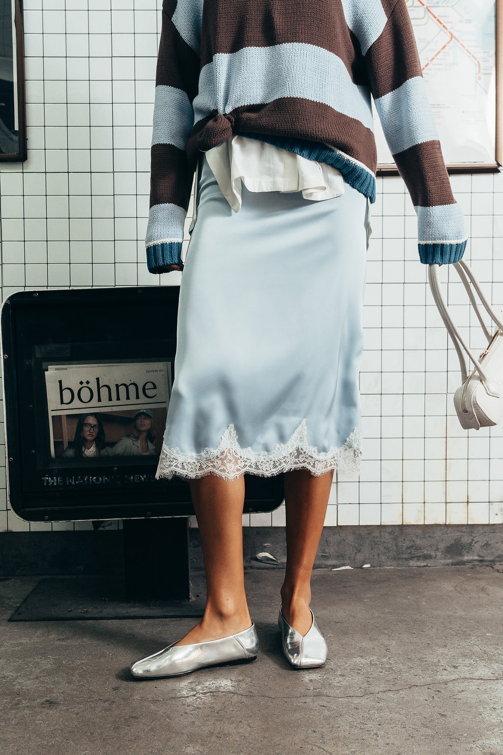 Cleo Lace Trim Midi Skirt in Blue