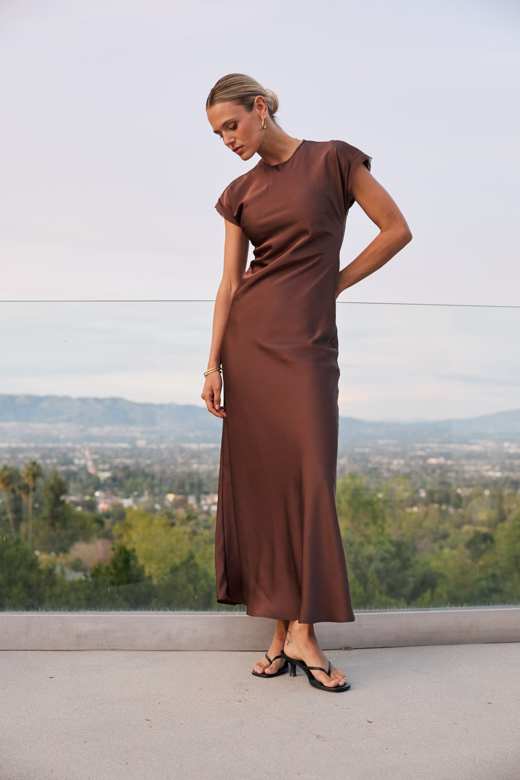 Hannah Satin Maxi Dress in Brown Hannah Satin Maxi Dress in Brown