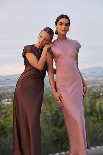 Hannah Satin Maxi Dress in Brown