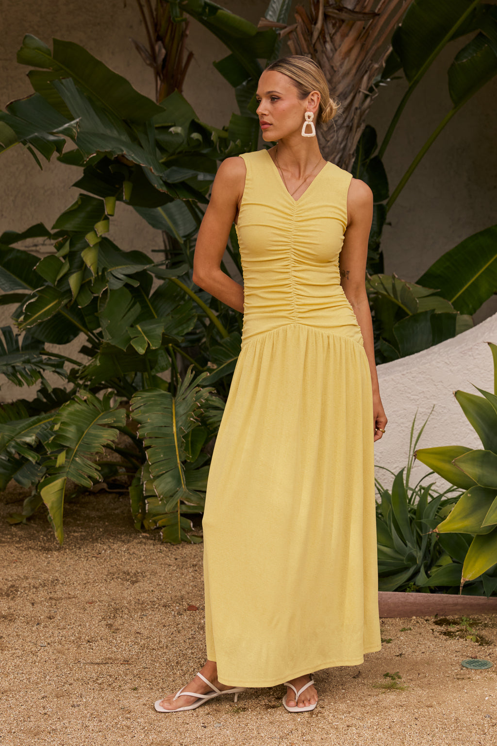yellow ruched maxi dress Shona Joy - La Lune Strapless Ruched Bodice Maxi Dress - Lemon