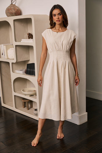 Matilda Pleated Maxi Dress in Oatmeal