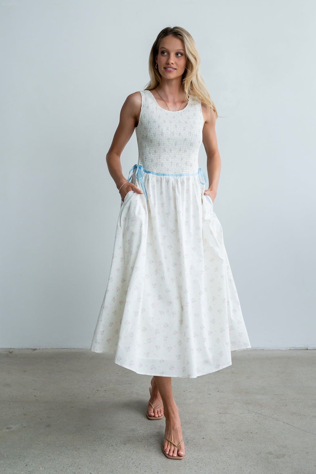Kammie Smocked Midi Dress in Cream
