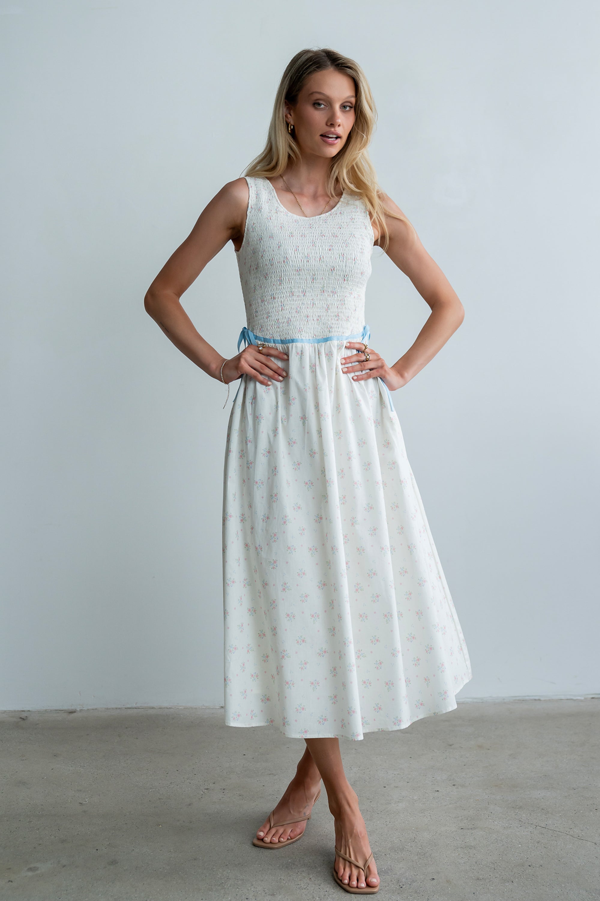 Kammie Smocked Midi Dress in Cream