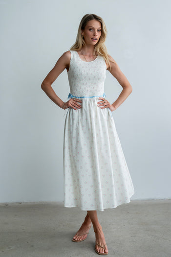 Kammie Smocked Midi Dress in Cream