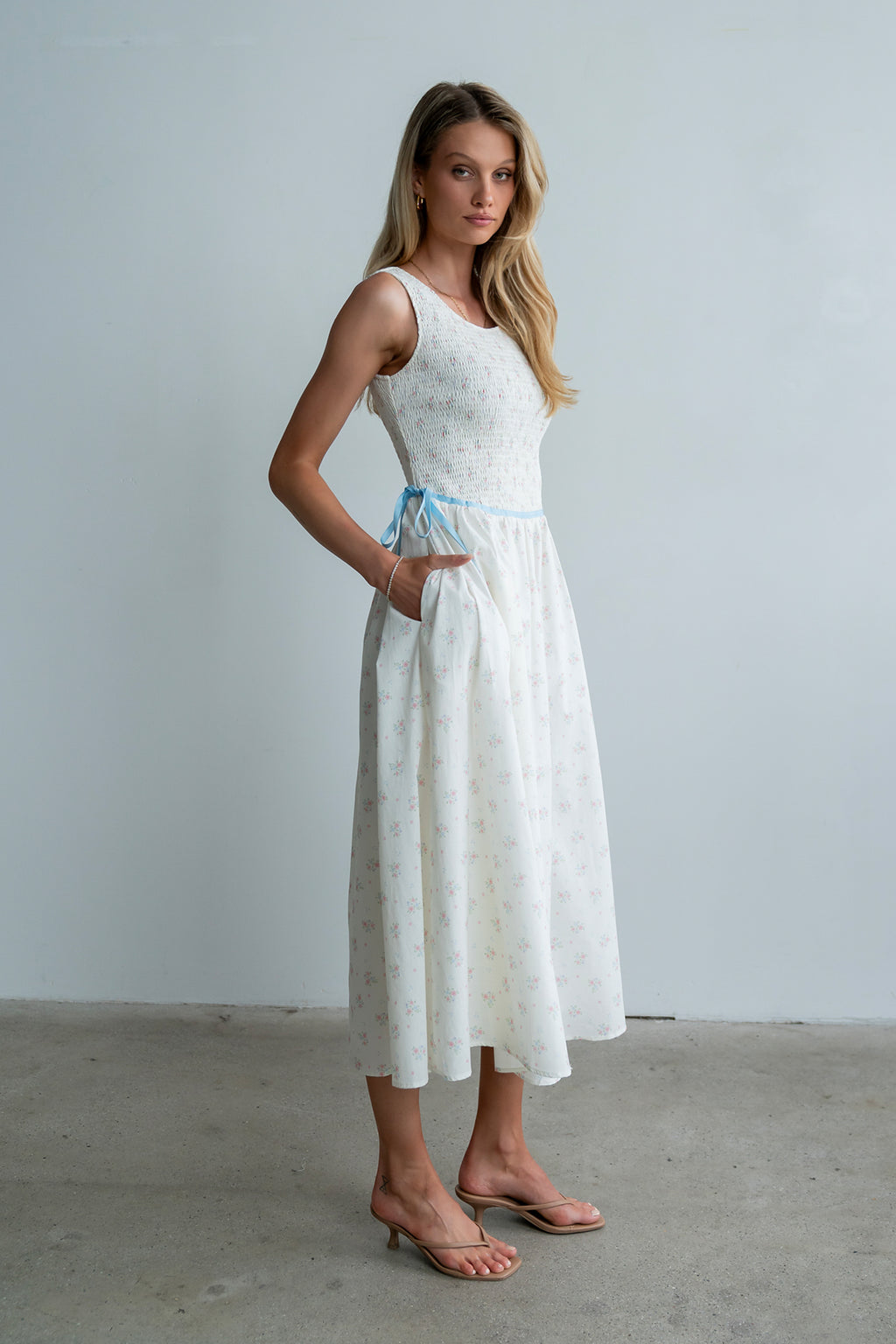 Kammie Smocked Midi Dress in Cream