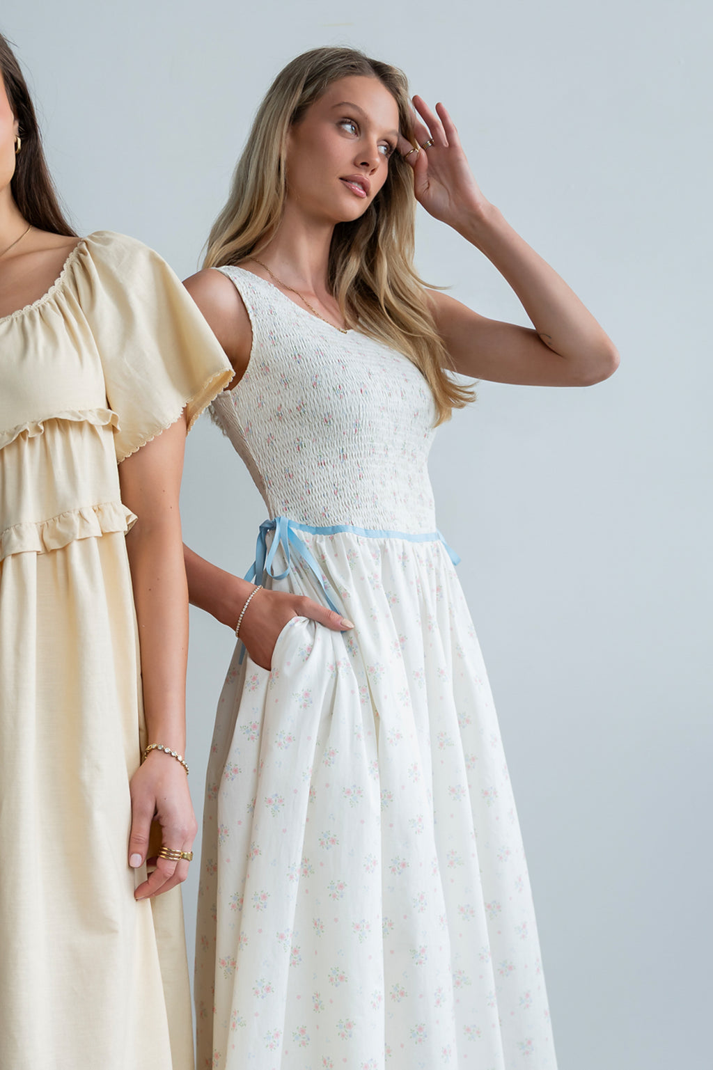 Kammie Smocked Midi Dress in Cream