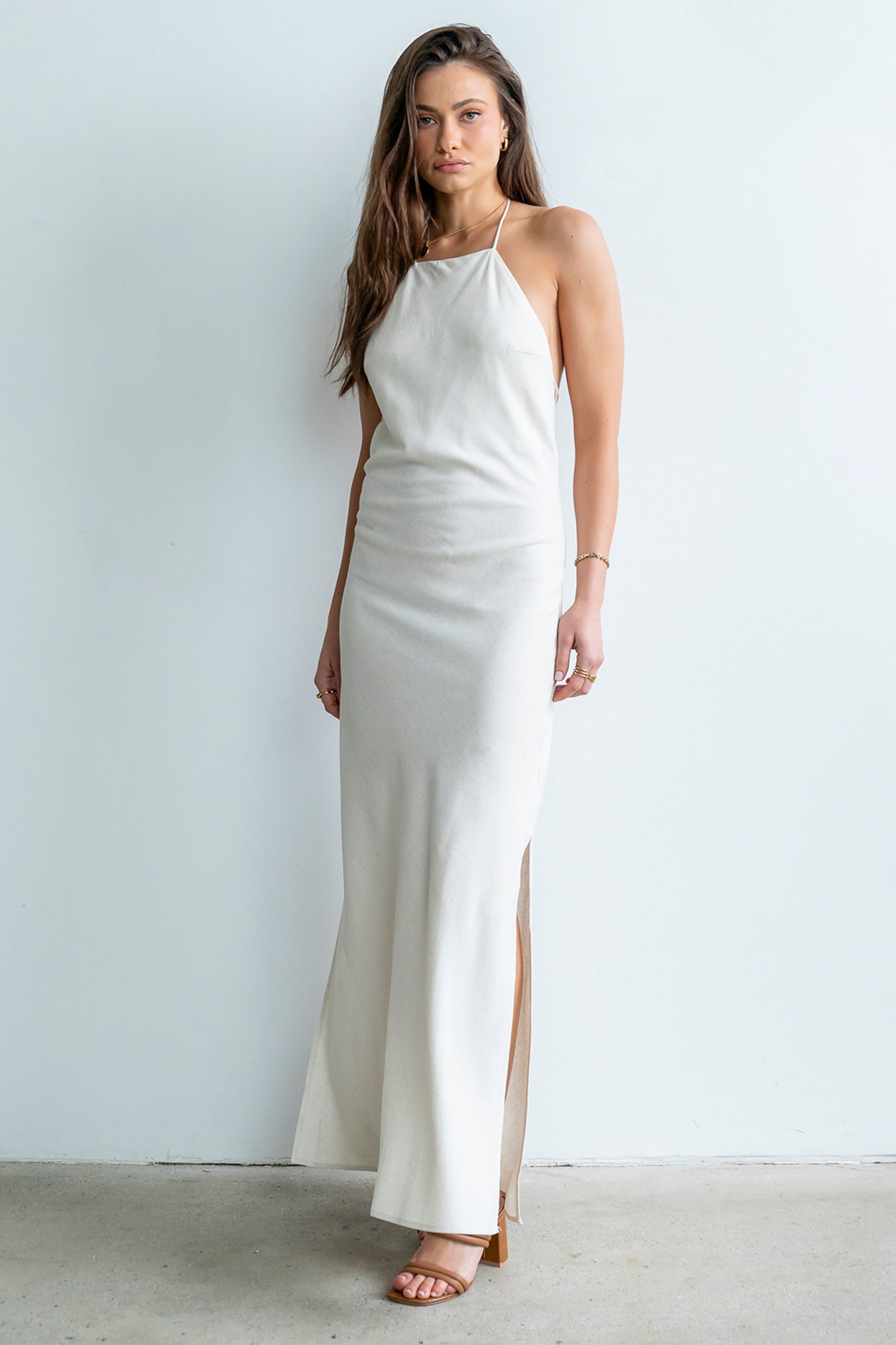 winnie halter maxi dress Winnie Halter Satin Maxi Dress With Hardware - Pale Pink