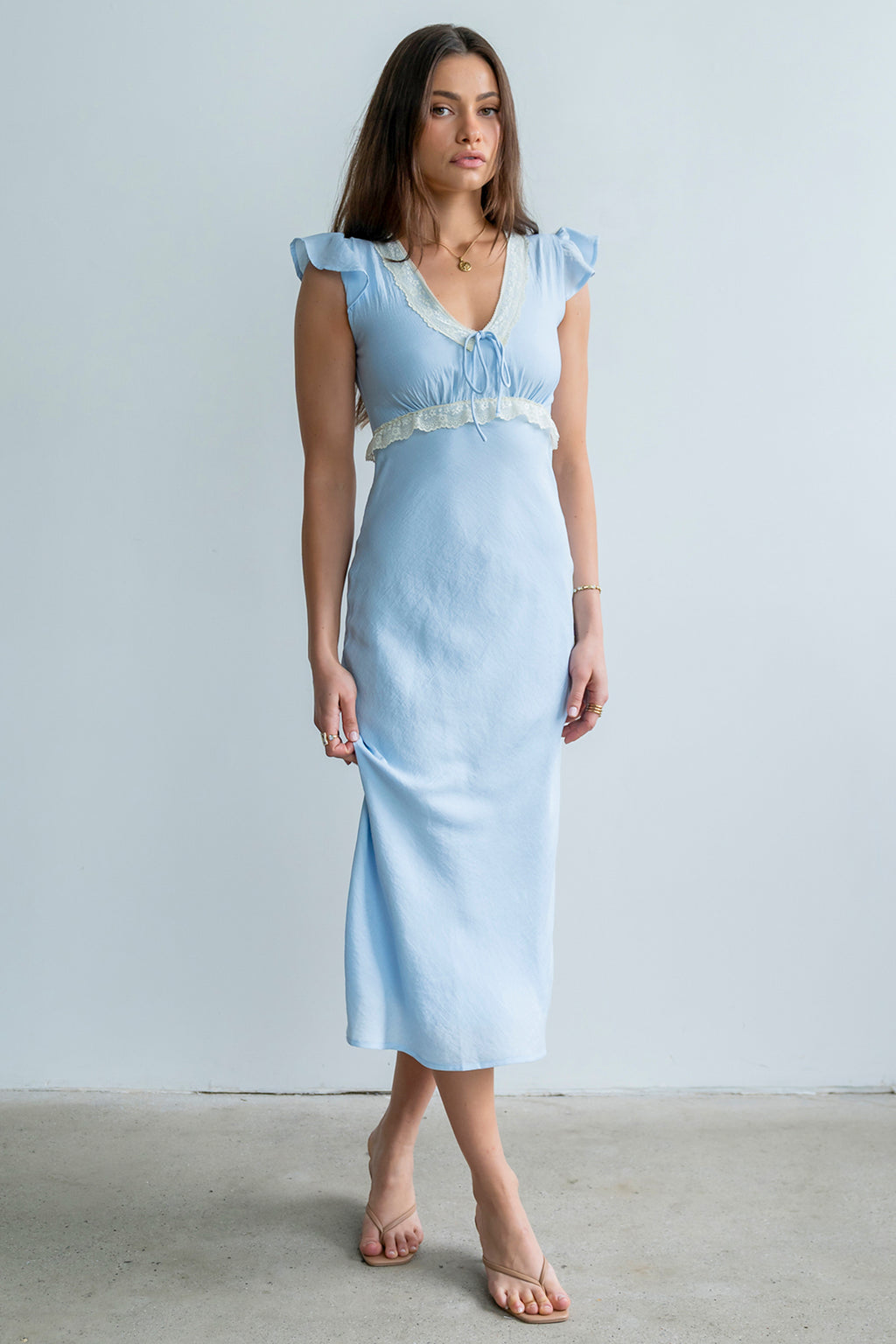bhme Jessica Lace Trim Maxi Dress in Blue - Size Large, Nylon/Spandex