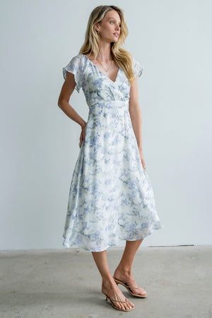 blue and white floral midi dress böhme Andie Floral Midi Dress in Ivory
