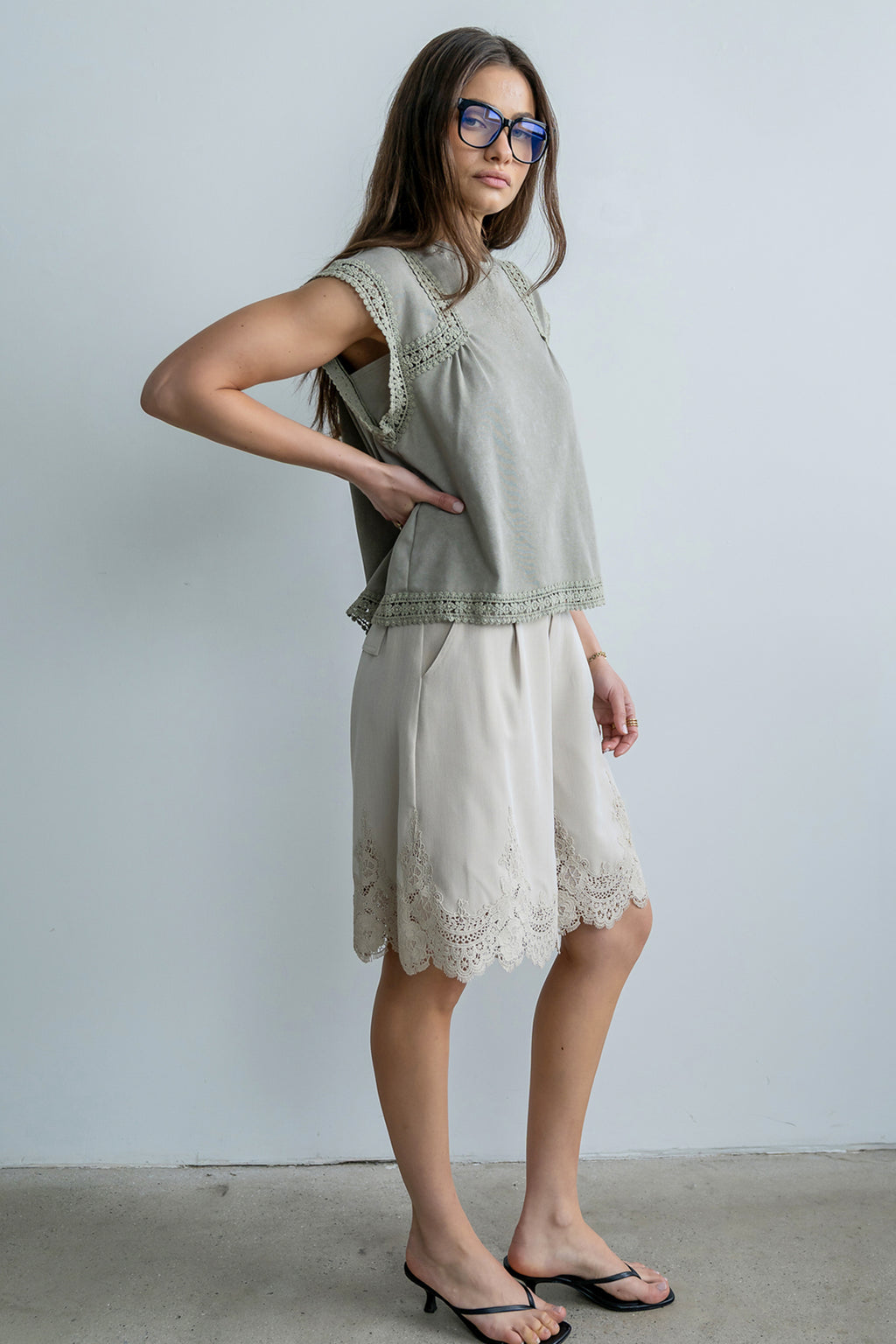 Mazie Lace Trim Shorts in Tan Mazie Lace Trim Shorts in Tan