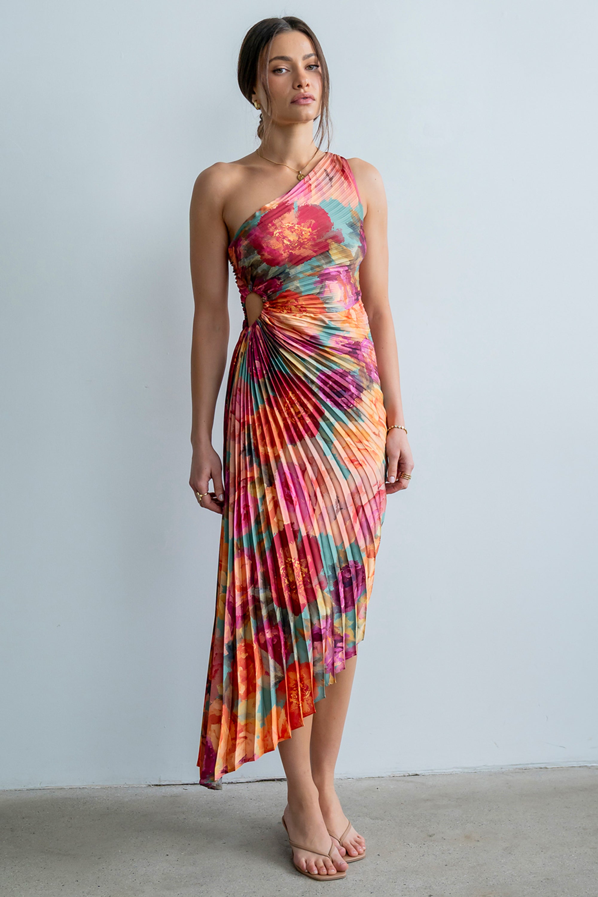 asymmetric pleated dress Asymmetrical Pleated Maxi Dress in Multi