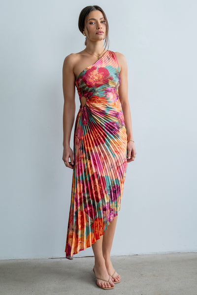 Asymmetrical Pleated Maxi Dress in Multi