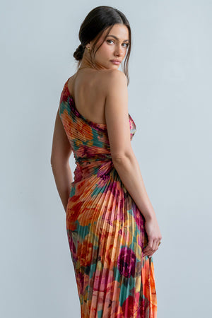 Asymmetrical Pleated Maxi Dress in Multi