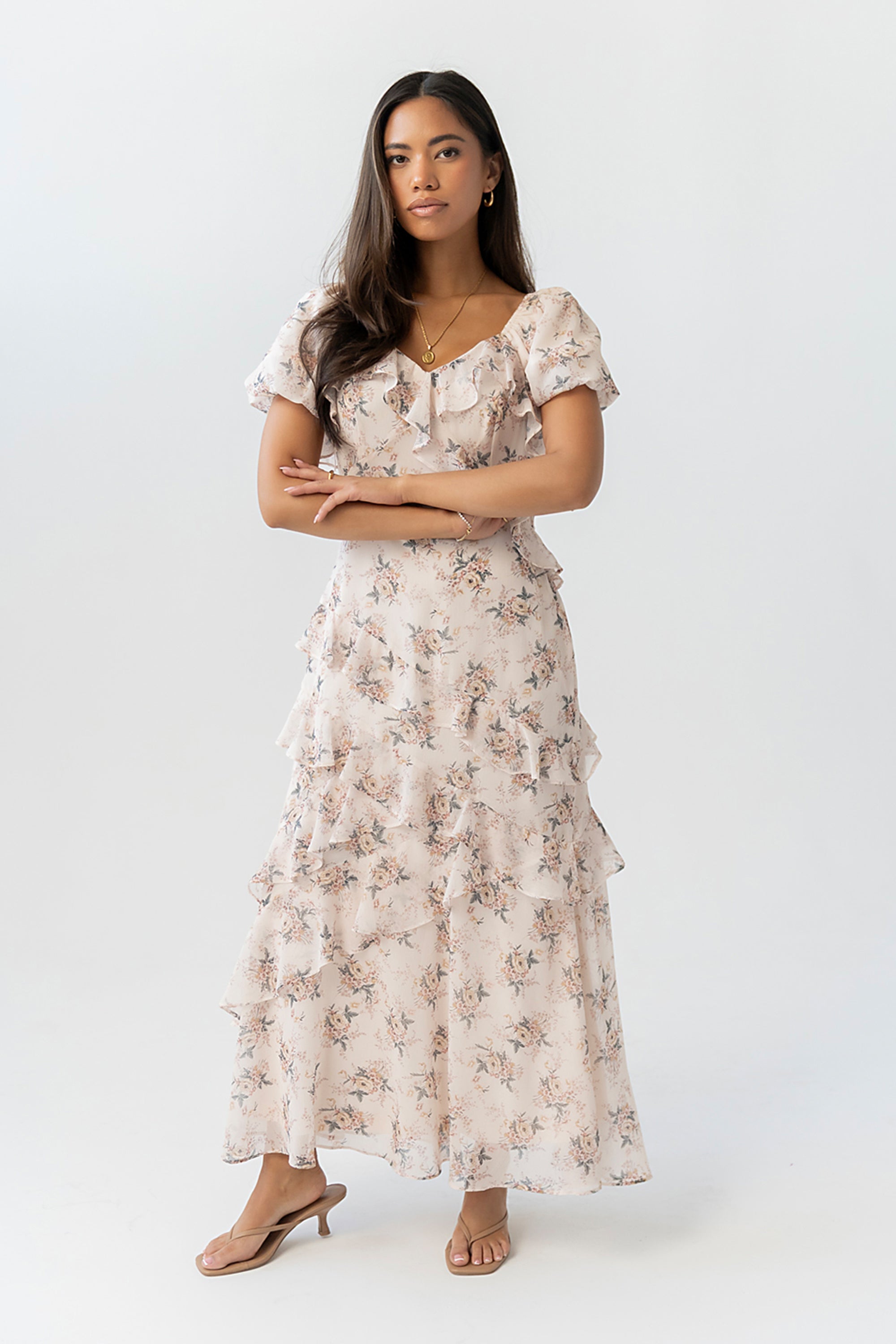 ruffle floral maxi dress böhme Oakley Ruffle Floral Maxi Dress in Cream