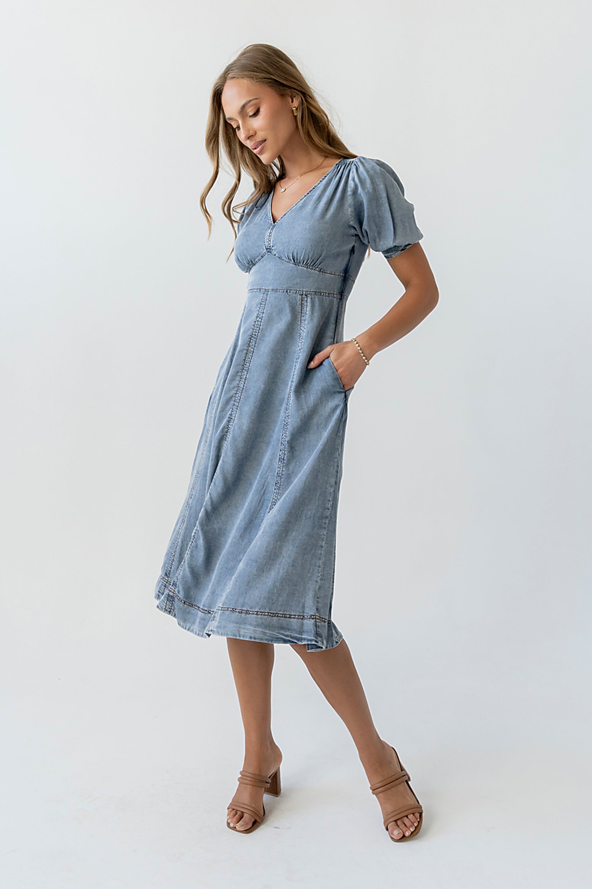 midi denim dress with sleeves Andie Denim Midi Dress