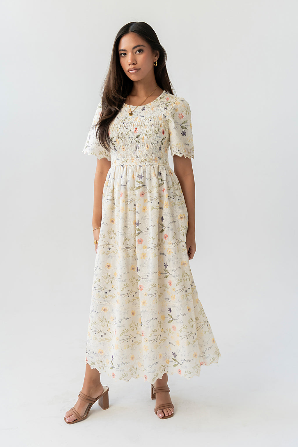 arrange cotton floral embroidered plunge midi dress in buttermilk ARRANGE - Maxi Dress - Women - Cotton/Spandex - 6 US