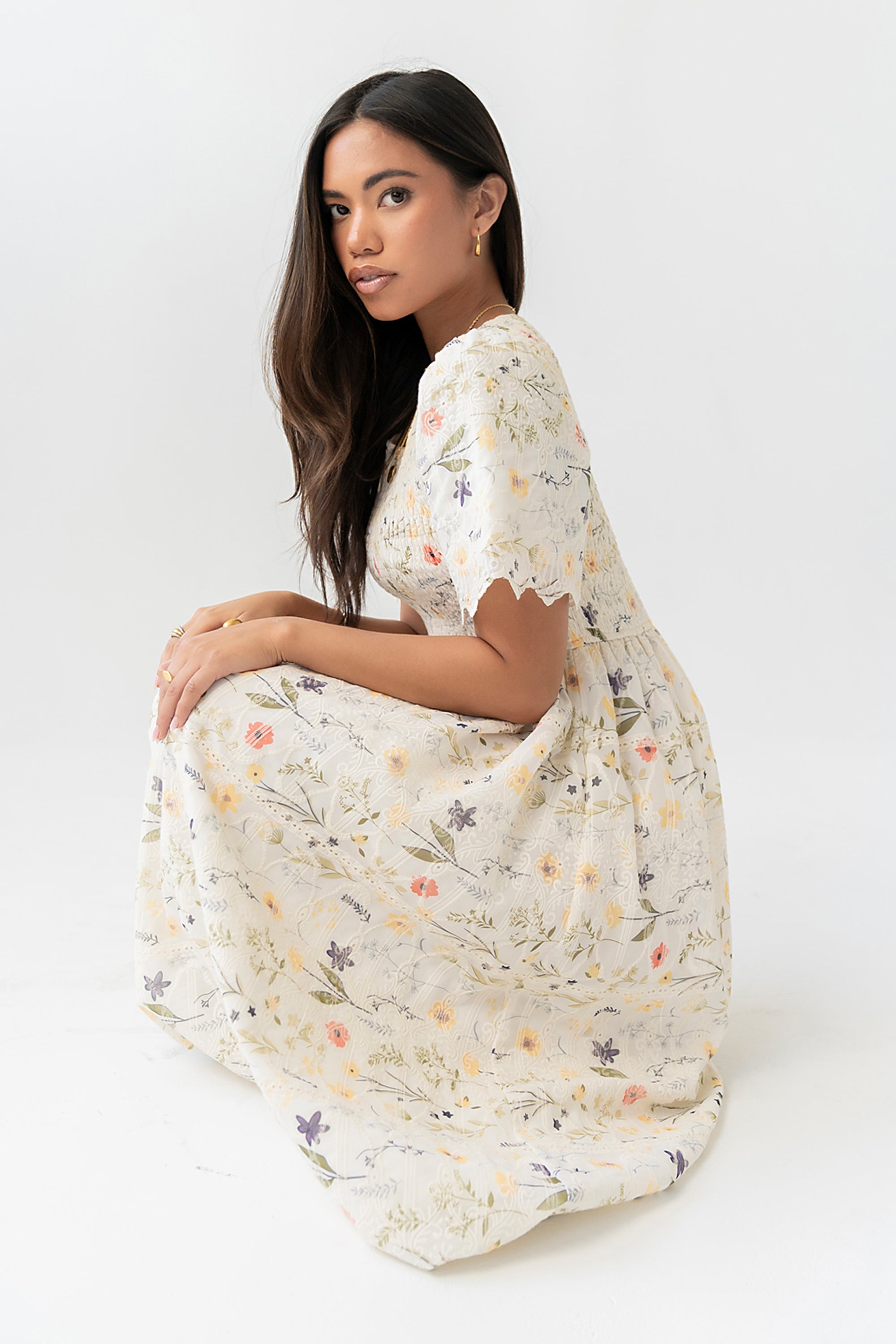 bohme lia floral midi dress Aurelia Smocked Floral Midi Dress