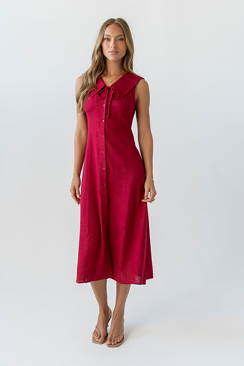 button down maxi dress böhme Danika Button Down Shirt Maxi Dress in Red Size XL, Non Stretch Material