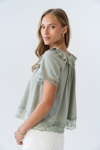 Lilian Lace Trim Top in Sage