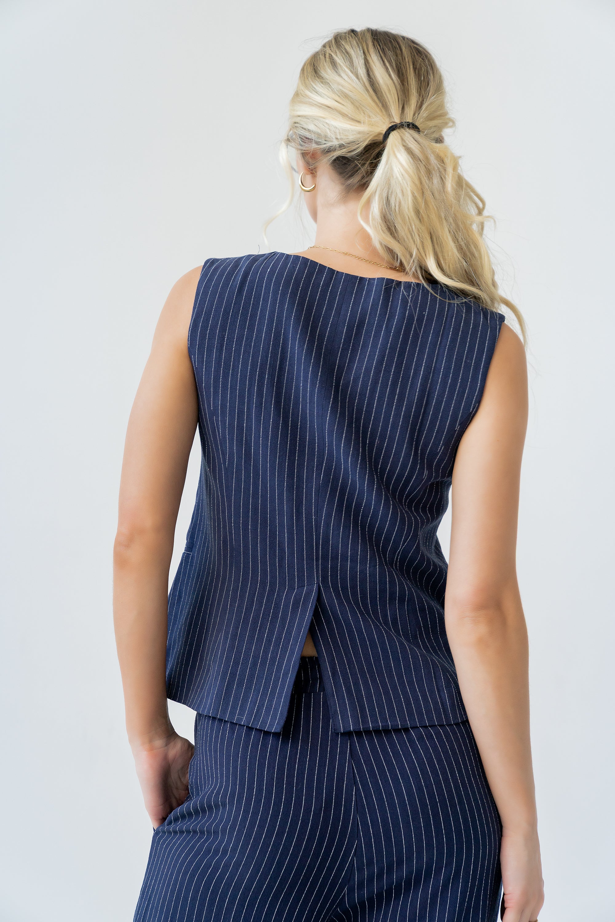Vivienne Pinstripe Sleeveless Vest in Navy