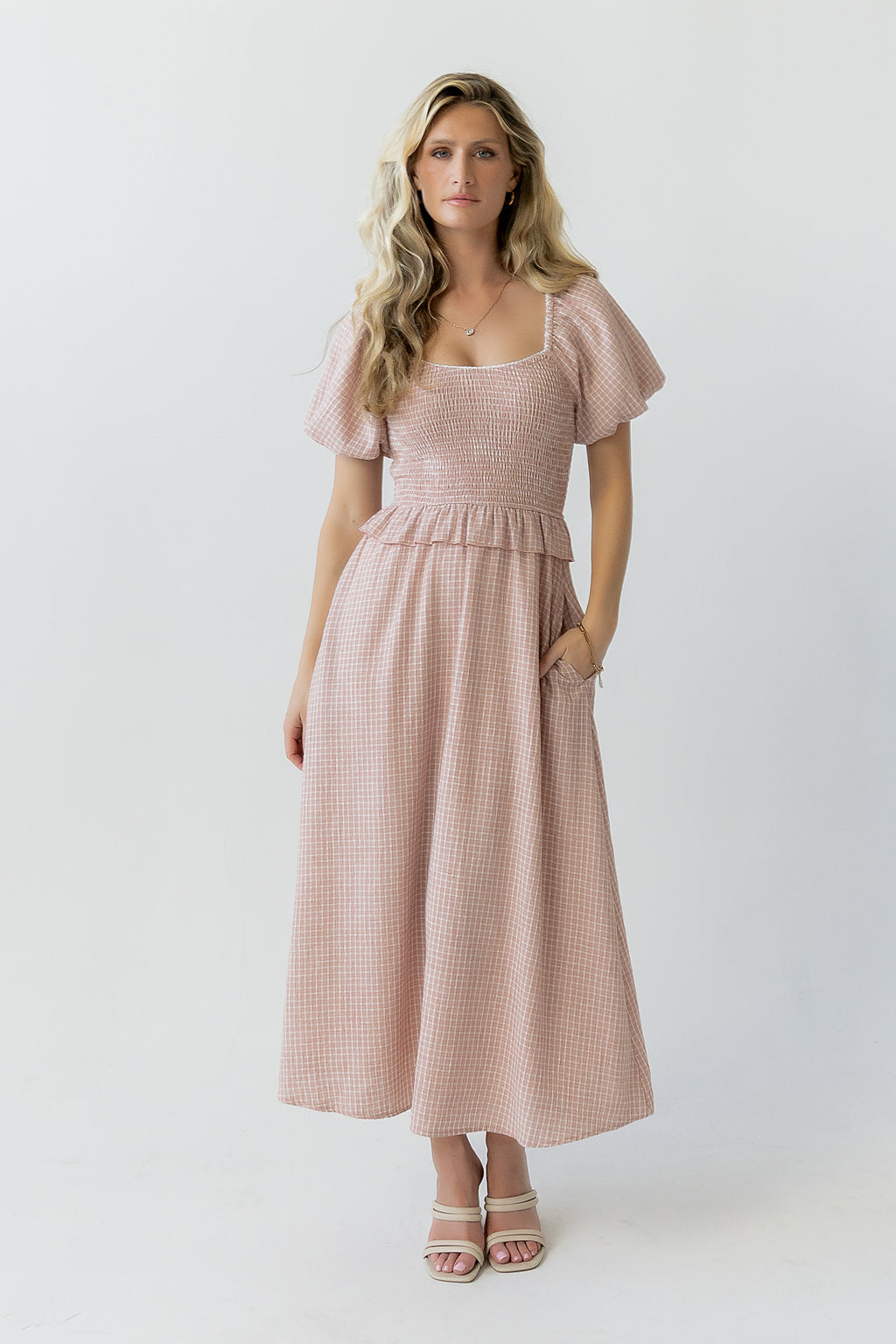 peony plaid holiday sunday midi dress Peony Check Holiday Midi Dress - Brown