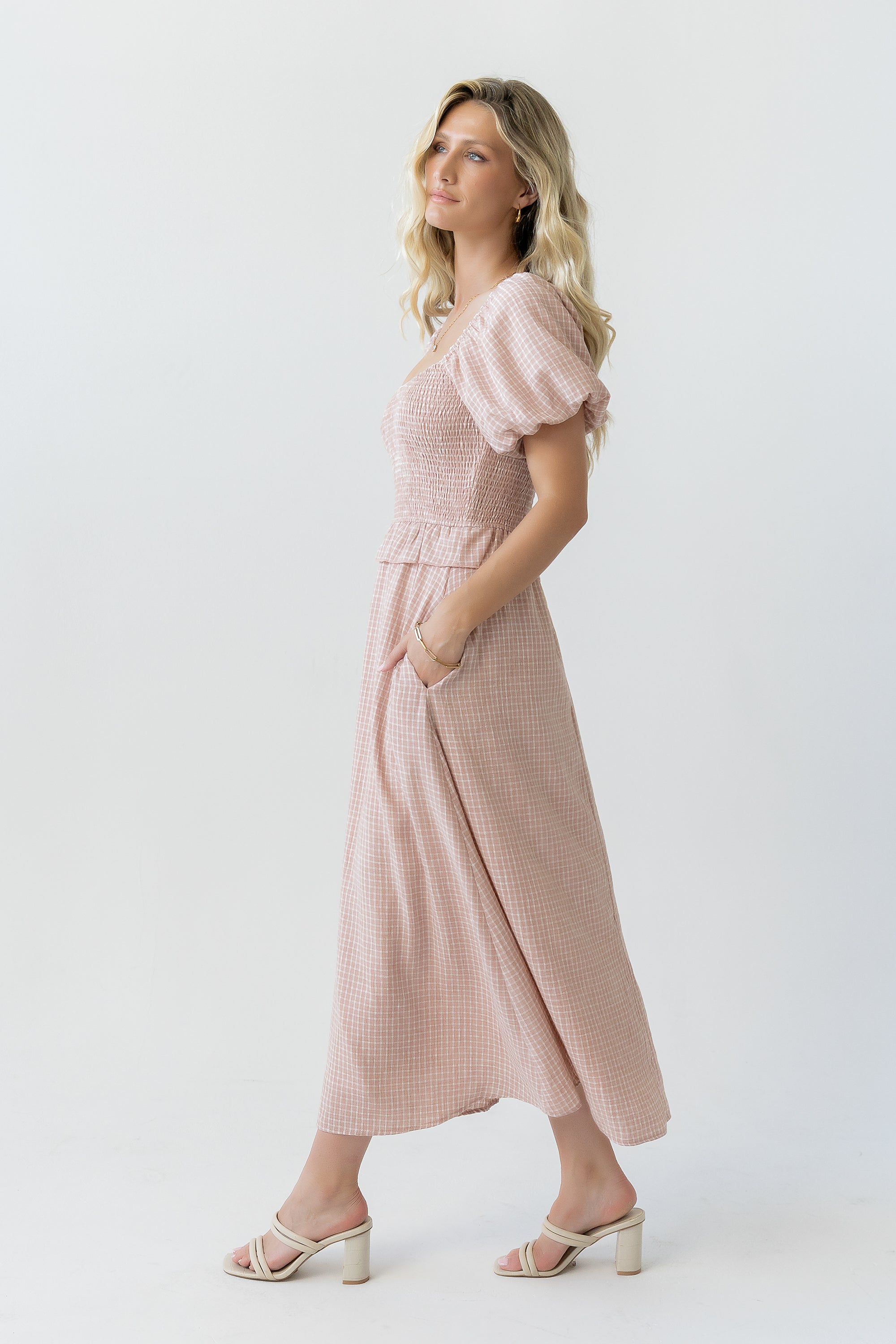 peony brown check holiday midi dress Peony Holiday Gingham-Check Strappy Midi Dress In Brown - 40% Off