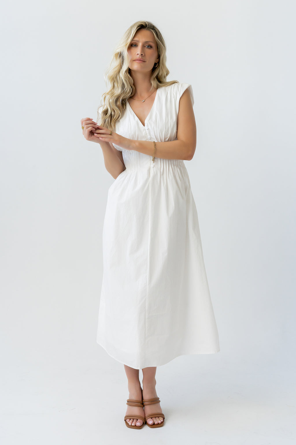 Barb Pleated Midi Dress in White