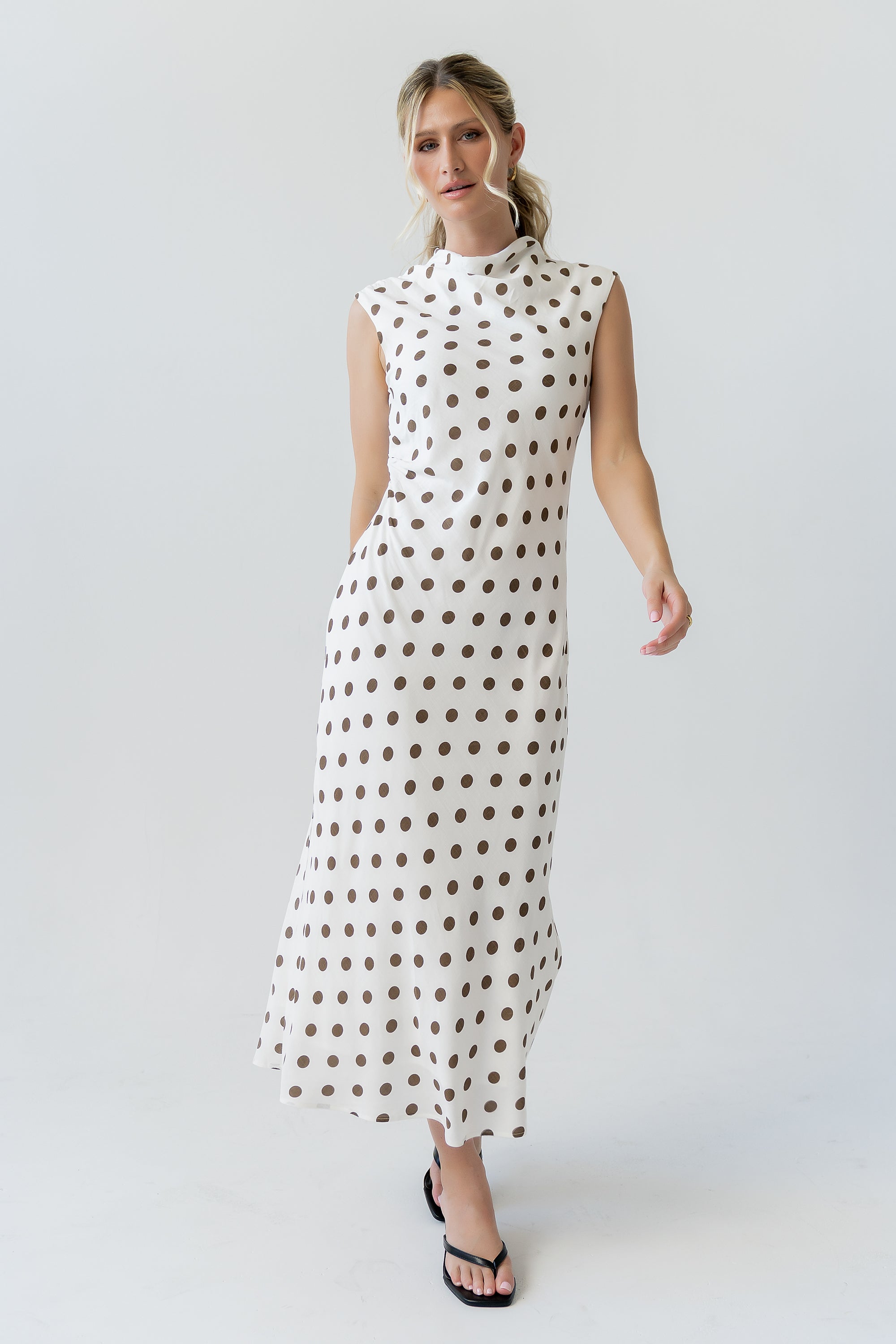 Tiffany Polka Dot Mock Neck Midi Dress