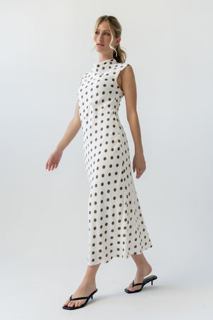 grey long evening dress böhme Tiffany Polka Dot Mock Neck Midi Dress in White