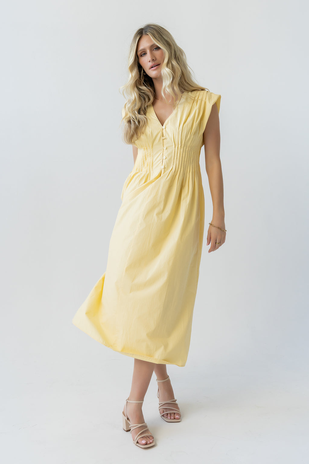 Barb Pleated Midi Dress in Yellow Barb Pleated Midi Dress in Yellow