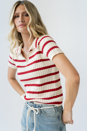 Tess Striped Collared Top in Red