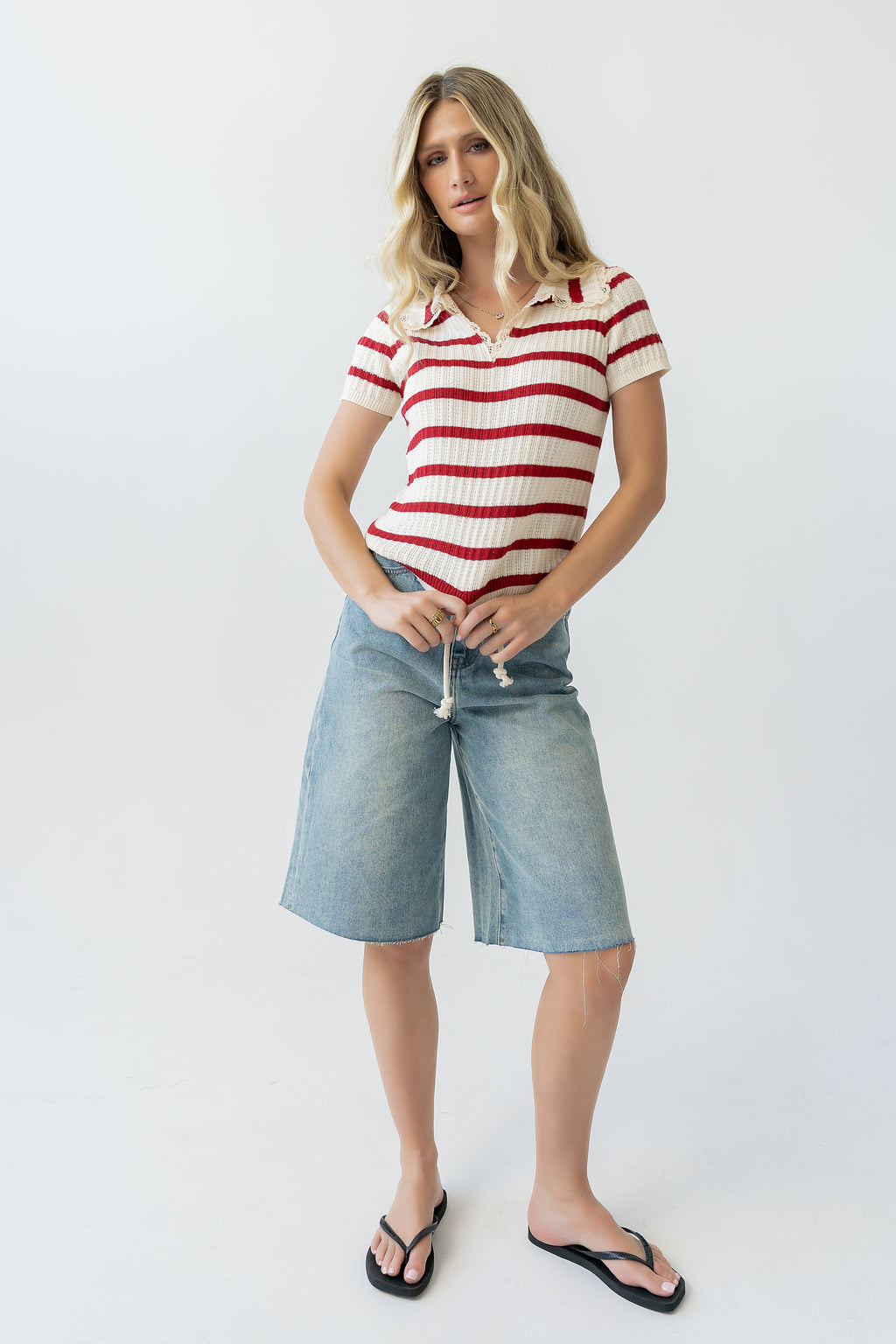 Tess Striped Collared Top in Red