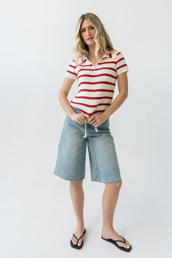 Tess Striped Collared Top in Red
