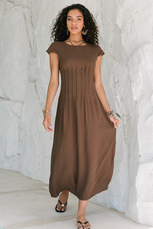 brown pleated maxi dress Pleated maxi dress