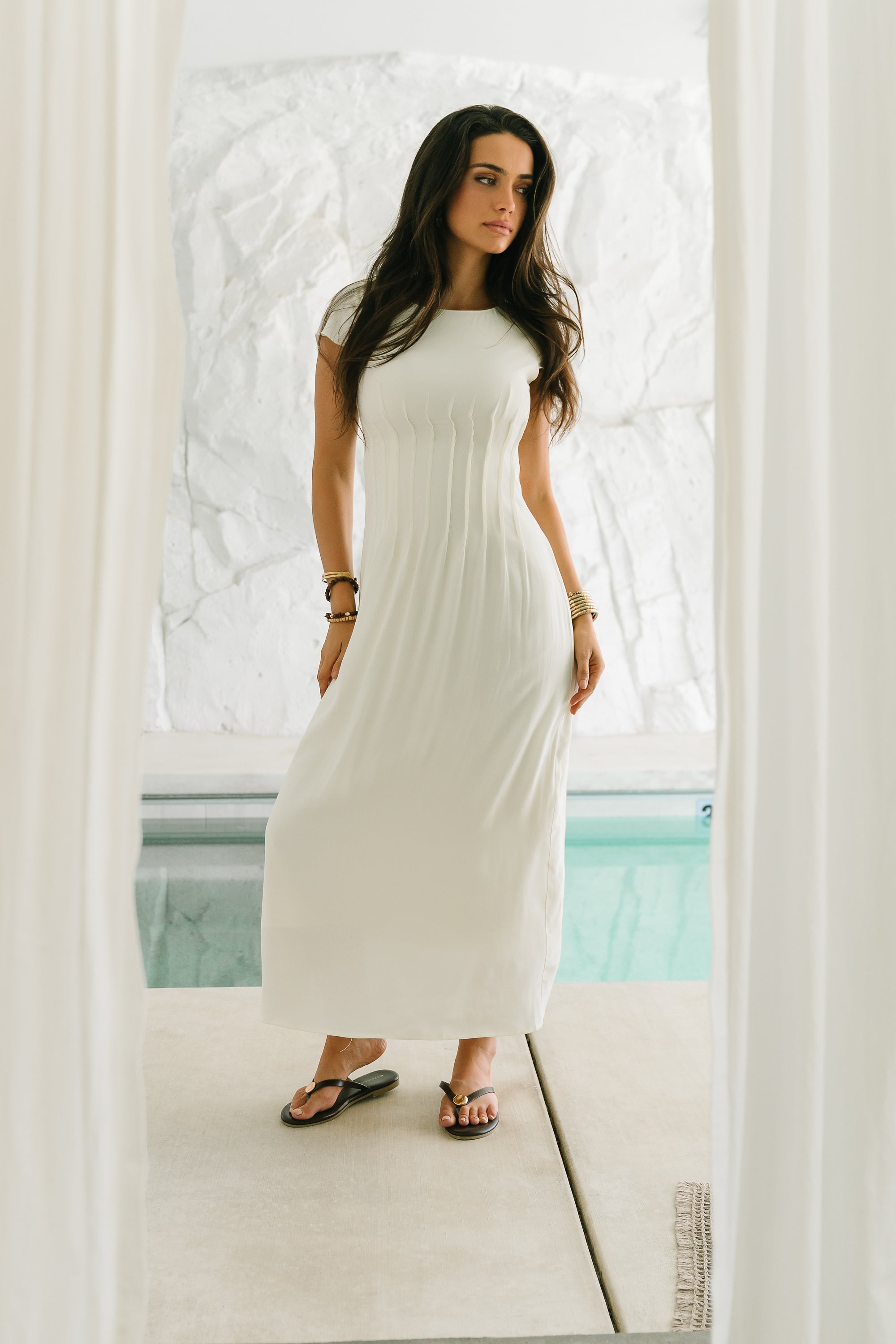 white pleated dress böhme Carolina Pleated Maxi Dress in Ivory Size XL, Non Stretch Material