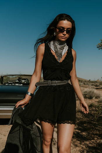 Quinny Lace Trim Mini Dress in Black