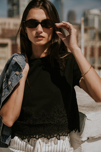 Karen Lace Trim Top in Black