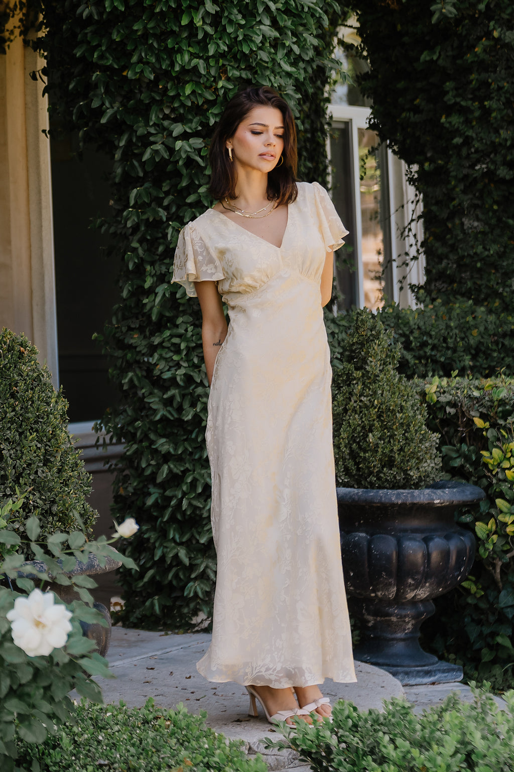floral yellow maxi dress Renesmee Print Satin - US 14 flowing Lenzing Ecovero viscose Ashtin Floral Maxi Dress in